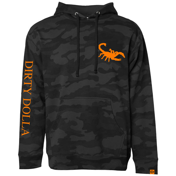 Scorpion Script Hoodie - Black Camo/Orange